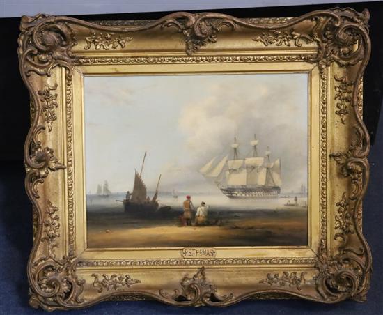 Attributed to Robert Strickland Thomas (1787-1853) A warship off the coast and Fishing boats on the beach at low tide, 10.5 x 13.5in.